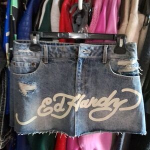 Ed Hardy Blue Denim Skirt with White Logo